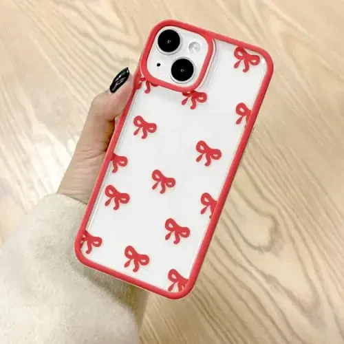 EYZUTAK Case for iPhone 15 Plus, Clear Cute Ribbon Bowknot Pattern Aesthetic Transparent Phone Case Raised Camera Protection Stylish Slim Soft Durable TPU Protective Cover for Women Girls - Red 