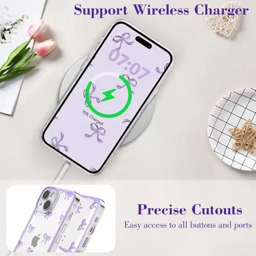 EYZUTAK Case for iPhone 15 Plus, Clear Cute Ribbon Bowknot Pattern Aesthetic Transparent Phone Case Raised Camera Protection Stylish Slim Soft Durable TPU Protective Cover for Women Girls - Purple - 8