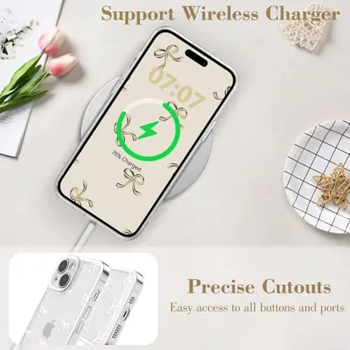 EYZUTAK Case for iPhone 15 Plus, Clear Cute Ribbon Bowknot Pattern Aesthetic Transparent Phone Case Raised Camera Protection Stylish Slim Soft Durable TPU Protective Cover for Women Girls - White - 5