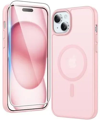 FNTCASE for iPhone 15 Plus Case: Matte Magnetic Phone Cases with Screen Protector Compatible with Magsafe Slim Anti Yellowing Rugged Shockproof Protective Translucent Cell Phone Cover (C-Pink) - 5