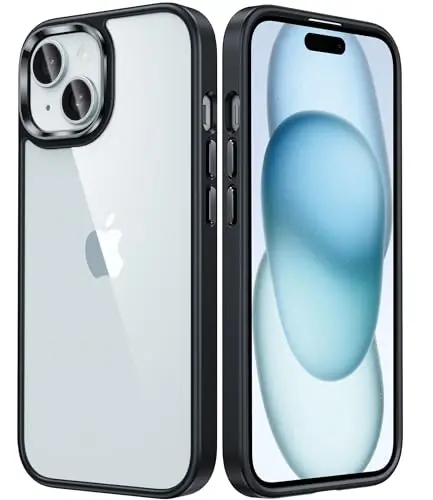 FNTCASE for iPhone 15 Plus Case: Clear Phone Cases Slim Anti Yellowing Military Grade Drop Protection Rugged Protective Transparent Cell Phone Cover (D-Black Transparent) - 1