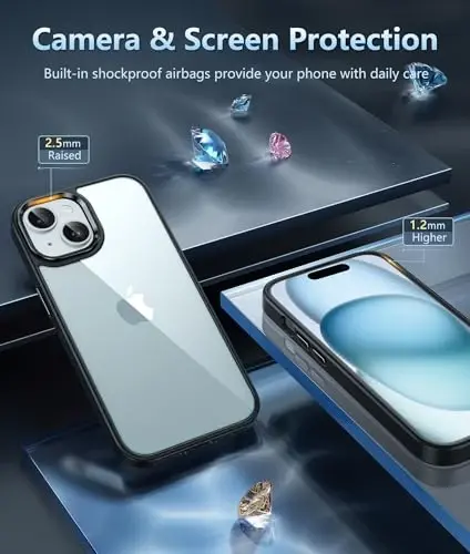 FNTCASE for iPhone 15 Plus Case: Clear Phone Cases Slim Anti Yellowing Military Grade Drop Protection Rugged Protective Transparent Cell Phone Cover (D-Black Transparent) - 5