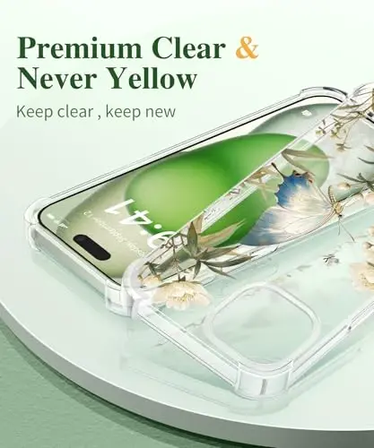 iPhone 15 Plus için GVIEWIN Çiçekli Kılıf, Ekran Koruyucu ve Kamera Lens Koruyuculu, [Sararma Yapmayan] Yumuşak Darbeye Dayanıklı Şeffaf Kadın Telefon Kılıfı, Çiçek Desenli 6.7