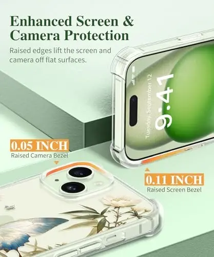iPhone 15 Plus için GVIEWIN Çiçekli Kılıf, Ekran Koruyucu ve Kamera Lens Koruyuculu, [Sararma Yapmaz] Kadınlar için Yumuşak Darbeye Dayanıklı Şeffaf Telefon Koruyucu Kapak, Çiçek Desenli 6.7