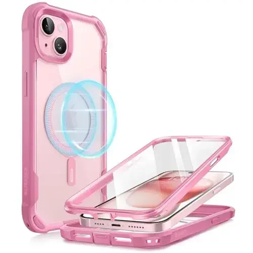 i-Blason Ares Mag for iPhone 15 Plus Case with Built-in Screen Protector [MagSafe Compatible] Full-Body Rugged Anti-Slip Clear Protective Cute Magnetic Phone Case for iPhone 15 Plus 6.7'', Pink 