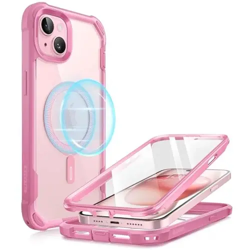i-Blason Ares Mag for iPhone 15 Plus Case with Built-in Screen Protector [MagSafe Compatible] Full-Body Rugged Anti-Slip Clear Protective Cute Magnetic Phone Case for iPhone 15 Plus 6.7'', Pink - 1