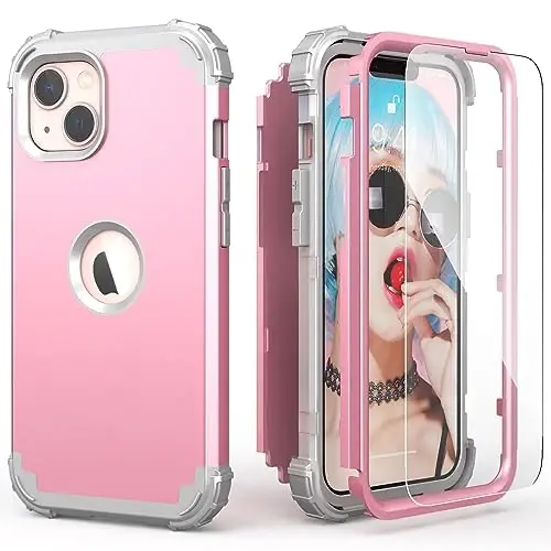 IDweel for iPhone 15 Plus Case with Screen Protector for Women, Luxury 3 in 1 Shockproof Slim Fit Hybrid Heavy Duty Hard PC Cover Soft Silicone Bumper Full Body Anti-Fingerprint Case,Pink/Light Grey - 1