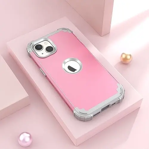 IDweel for iPhone 15 Plus Case with Screen Protector for Women, Luxury 3 in 1 Shockproof Slim Fit Hybrid Heavy Duty Hard PC Cover Soft Silicone Bumper Full Body Anti-Fingerprint Case,Pink/Light Grey - IDWEEL (1)