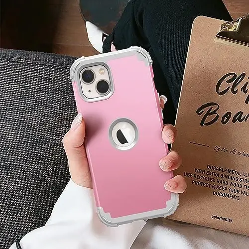 IDweel for iPhone 15 Plus Case with Screen Protector for Women, Luxury 3 in 1 Shockproof Slim Fit Hybrid Heavy Duty Hard PC Cover Soft Silicone Bumper Full Body Anti-Fingerprint Case,Pink/Light Grey - 3