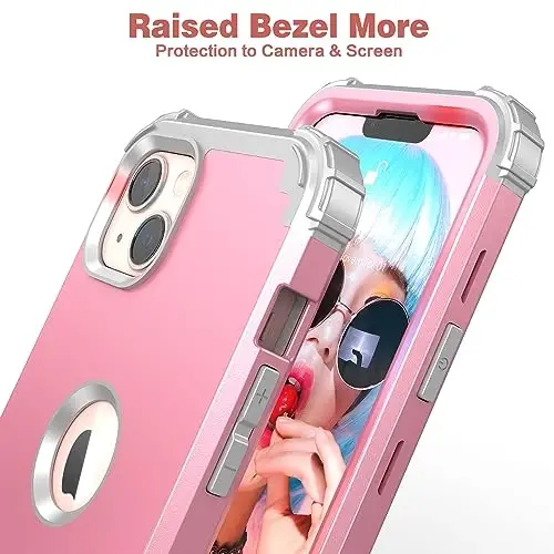 IDweel for iPhone 15 Plus Case with Screen Protector for Women, Luxury 3 in 1 Shockproof Slim Fit Hybrid Heavy Duty Hard PC Cover Soft Silicone Bumper Full Body Anti-Fingerprint Case,Pink/Light Grey - 5