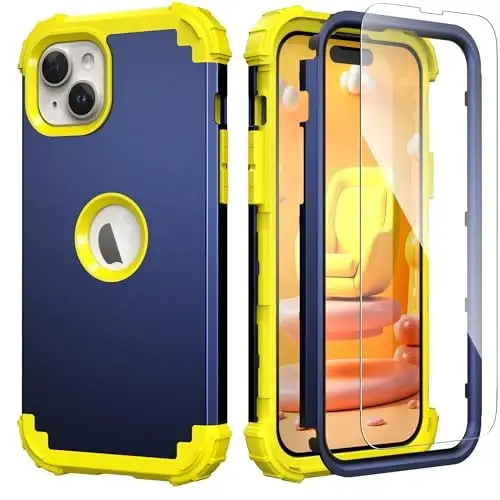IDweel for iPhone 15 Plus Case with Screen Protector for Women,Luxury 3 in 1 Shockproof Slim Fit Hybrid Heavy Duty Hard PC Cover Soft Silicone Bumper Full Body Anti-Fingerprint Case,Navy Blue/Yellow - 1