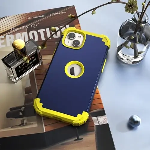 IDweel for iPhone 15 Plus Case with Screen Protector for Women,Luxury 3 in 1 Shockproof Slim Fit Hybrid Heavy Duty Hard PC Cover Soft Silicone Bumper Full Body Anti-Fingerprint Case,Navy Blue/Yellow - 2