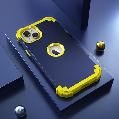 IDweel for iPhone 15 Plus Case with Screen Protector for Women,Luxury 3 in 1 Shockproof Slim Fit Hybrid Heavy Duty Hard PC Cover Soft Silicone Bumper Full Body Anti-Fingerprint Case,Navy Blue/Yellow - 3