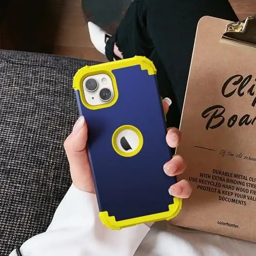 IDweel for iPhone 15 Plus Case with Screen Protector for Women,Luxury 3 in 1 Shockproof Slim Fit Hybrid Heavy Duty Hard PC Cover Soft Silicone Bumper Full Body Anti-Fingerprint Case,Navy Blue/Yellow - 4