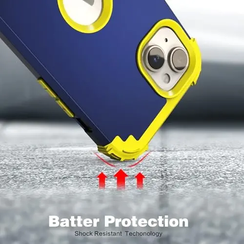IDweel for iPhone 15 Plus Case with Screen Protector for Women,Luxury 3 in 1 Shockproof Slim Fit Hybrid Heavy Duty Hard PC Cover Soft Silicone Bumper Full Body Anti-Fingerprint Case,Navy Blue/Yellow - 6