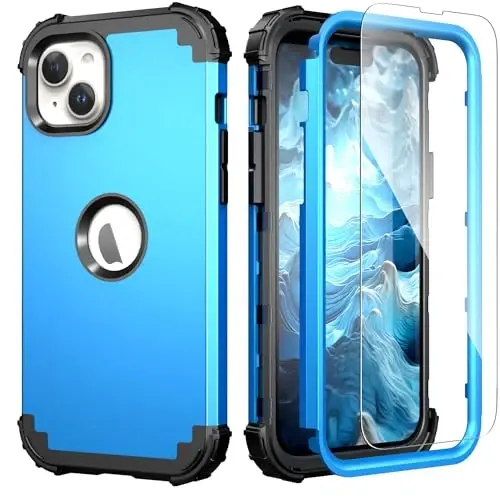 IDweel for iPhone 15 Plus Case with Screen Protector for Women, Luxury 3 in 1 Shockproof Slim Fit Hybrid Heavy Duty Hard PC Cover Soft Silicone Bumper Full Body Anti-Fingerprint Case,Sky Blue - 1