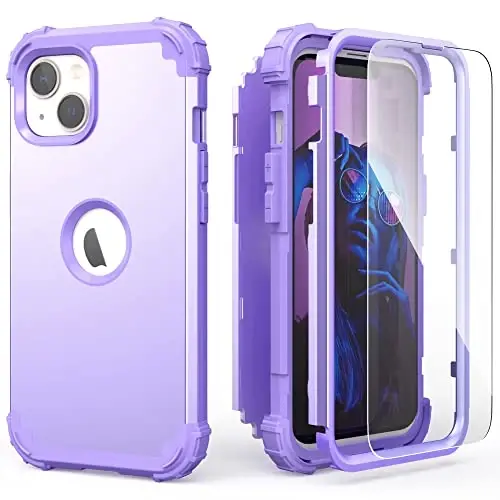 IDweel for iPhone 15 Plus Case with Screen Protector, 3 in 1 Shockproof Slim Fit Hybrid Heavy Duty Hard PC Cover Soft Silicone Bumper Full Body Case (Purple) 