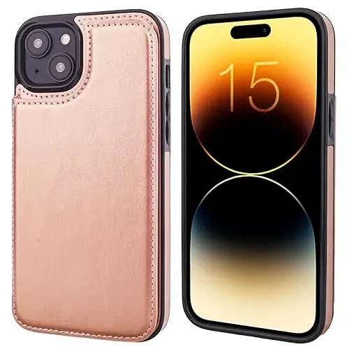 ONETOP Compatible with iPhone 15 Plus Wallet Case with Card Holder, PU Leather Kickstand Card Slots Case, Double Magnetic Clasp and Durable Shockproof Cover 6.7 Inch (Rose Gold) - 2