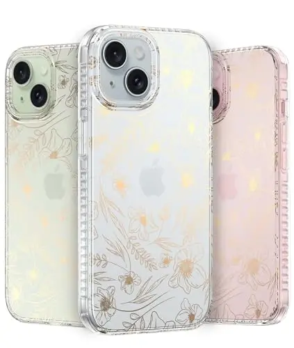 LONLI Hue Case for iPhone 15 Plus - [360° Shock-Absorbent Bumper] - [Cute and Unique Phone Cover for Girls and Women] - Gold Floral - 1
