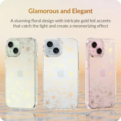 LONLI Hue Case for iPhone 15 Plus - [360° Shock-Absorbent Bumper] - [Cute and Unique Phone Cover for Girls and Women] - Gold Floral - 3