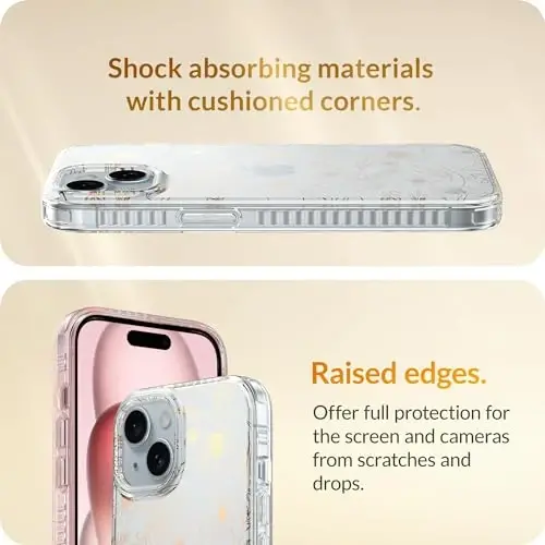 LONLI Hue Case for iPhone 15 Plus - [360° Shock-Absorbent Bumper] - [Cute and Unique Phone Cover for Girls and Women] - Gold Floral - 4