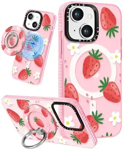 Lotadilo for iPhone 15 Plus Case for Women - Girls Kawaii Design Compatible with Magsafe Magnetic Ring Holder Stand Strawberry Flower Phone Covers Aesthetic Girly TPU Funda for 15 Plus - 1