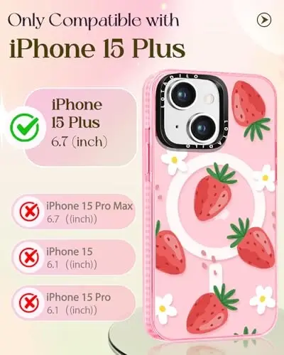 Lotadilo for iPhone 15 Plus Case for Women - Girls Kawaii Design Compatible with Magsafe Magnetic Ring Holder Stand Strawberry Flower Phone Covers Aesthetic Girly TPU Funda for 15 Plus - LOTADILO (1)