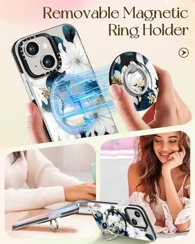 Lotadilo for iPhone 15 Plus Case for Women - Girls Kawaii Design Compatible with Magsafe Magnetic Ring Holder Stand Blue Flower Phone Covers Aesthetic Girly TPU Funda for 15 Plus - 4