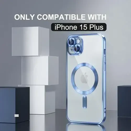Misea Magnetic for iPhone 15 Plus Case Compatible with MagSafe [Never Yellowing] [Military Grade Drop Protection] Full Camera Lens Protector Plating Soft Clear Phone Case for Women, Sierra Blue - MISEA (1)