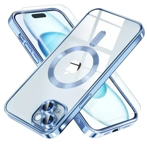 Misea Magnetic for iPhone 15 Plus Case Compatible with MagSafe [Never Yellowing] [Military Grade Drop Protection] Full Camera Lens Protector Plating Soft Clear Phone Case for Women, Sierra Blue - 1