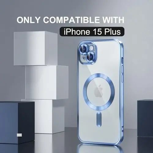 Misea Magnetic for iPhone 15 Plus Case Compatible with MagSafe [Never Yellowing] [Military Grade Drop Protection] Full Camera Lens Protector Plating Soft Clear Phone Case for Women, Sierra Blue - MISEA (1)