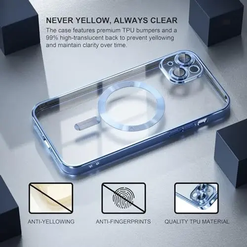 Misea Magnetic for iPhone 15 Plus Case Compatible with MagSafe [Never Yellowing] [Military Grade Drop Protection] Full Camera Lens Protector Plating Soft Clear Phone Case for Women, Sierra Blue - 3