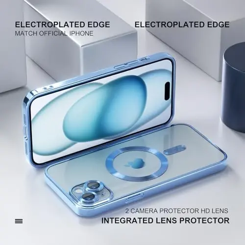 Misea Magnetic for iPhone 15 Plus Case Compatible with MagSafe [Never Yellowing] [Military Grade Drop Protection] Full Camera Lens Protector Plating Soft Clear Phone Case for Women, Sierra Blue - 6