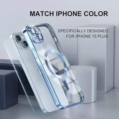 Misea Magnetic for iPhone 15 Plus Case Compatible with MagSafe [Never Yellowing] [Military Grade Drop Protection] Full Camera Lens Protector Plating Soft Clear Phone Case for Women, Sierra Blue - 7