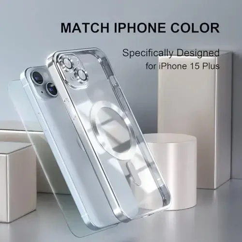 Misea Magnetic for iPhone 15 Plus Case Compatible with MagSafe [Never Yellowing] [Military Grade Drop Protection] Full Camera Lens Protector Plating Soft Clear Phone Case for Women, Silver - 7