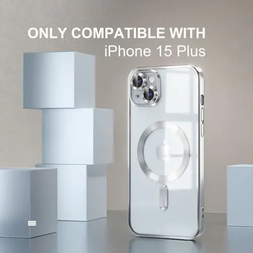 Misea Magnetic for iPhone 15 Plus Case Compatible with MagSafe [Never Yellowing] [Military Grade Drop Protection] Full Camera Lens Protector Plating Soft Clear Phone Case for Women, Silver - MISEA (1)