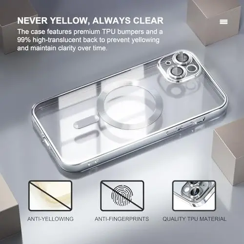 Misea Magnetic for iPhone 15 Plus Case Compatible with MagSafe [Never Yellowing] [Military Grade Drop Protection] Full Camera Lens Protector Plating Soft Clear Phone Case for Women, Silver - 3