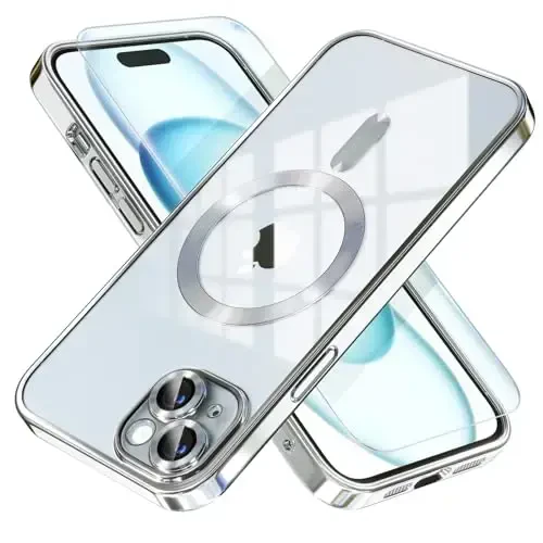 Misea Magnetic for iPhone 15 Plus Case Compatible with MagSafe [Never Yellowing] [Military Grade Drop Protection] Full Camera Lens Protector Plating Soft Clear Phone Case for Women, Silver 
