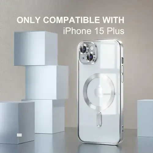 Misea Magnetic for iPhone 15 Plus Case Compatible with MagSafe [Never Yellowing] [Military Grade Drop Protection] Full Camera Lens Protector Plating Soft Clear Phone Case for Women, Silver - 2
