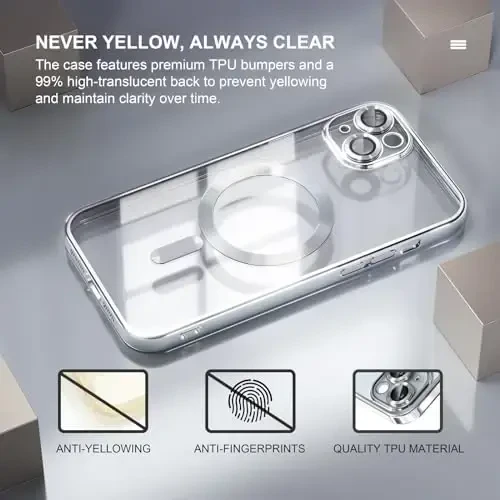 Misea Magnetic for iPhone 15 Plus Case Compatible with MagSafe [Never Yellowing] [Military Grade Drop Protection] Full Camera Lens Protector Plating Soft Clear Phone Case for Women, Silver - 3
