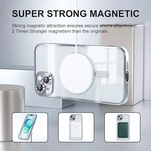 Misea Magnetic for iPhone 15 Plus Case Compatible with MagSafe [Never Yellowing] [Military Grade Drop Protection] Full Camera Lens Protector Plating Soft Clear Phone Case for Women, Silver - 5