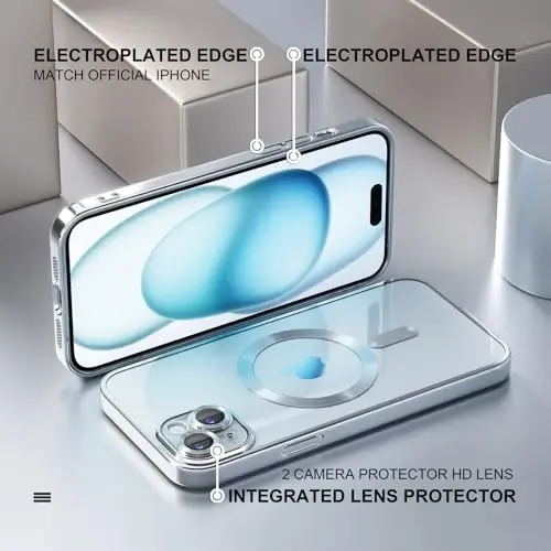 Misea Magnetic for iPhone 15 Plus Case Compatible with MagSafe [Never Yellowing] [Military Grade Drop Protection] Full Camera Lens Protector Plating Soft Clear Phone Case for Women, Silver - 6
