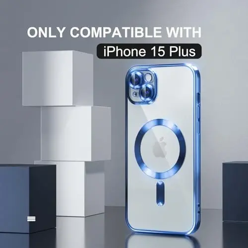 Misea Magnetic for iPhone 15 Plus Case Compatible with MagSafe [Never Yellowing] [Military Grade Drop Protection] Full Camera Lens Protector Plating Soft Clear Phone Case for Women, Deep Blue - 2