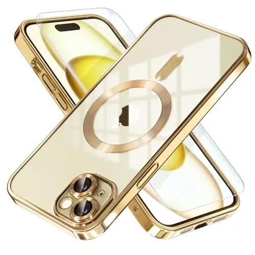 Misea Magnetic for iPhone 15 Plus Case Compatible with MagSafe [Never Yellowing] [Military Grade Drop Protection] Full Camera Lens Protector Plating Soft Clear Phone Case for Women, Gold - 1