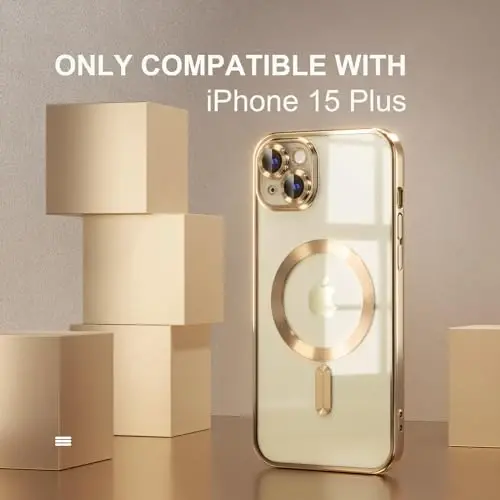 Misea Magnetic for iPhone 15 Plus Case Compatible with MagSafe [Never Yellowing] [Military Grade Drop Protection] Full Camera Lens Protector Plating Soft Clear Phone Case for Women, Gold - 2