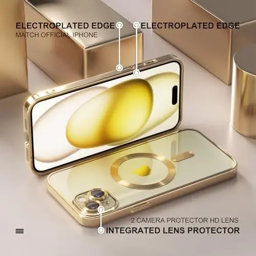 Misea Magnetic for iPhone 15 Plus Case Compatible with MagSafe [Never Yellowing] [Military Grade Drop Protection] Full Camera Lens Protector Plating Soft Clear Phone Case for Women, Gold - 6