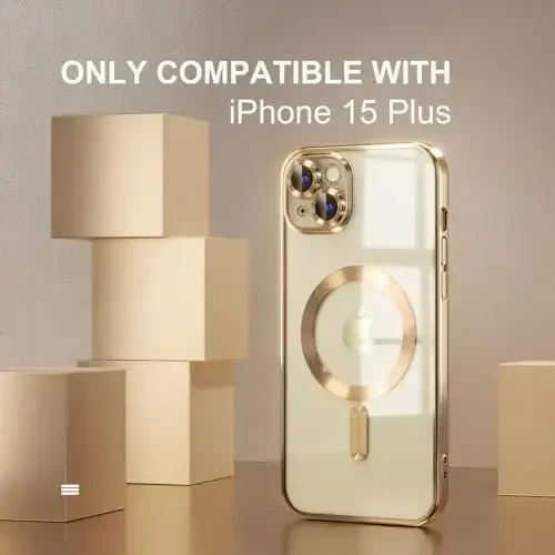 Misea Magnetic for iPhone 15 Plus Case Compatible with MagSafe [Never Yellowing] [Military Grade Drop Protection] Full Camera Lens Protector Plating Soft Clear Phone Case for Women, Gold - 2