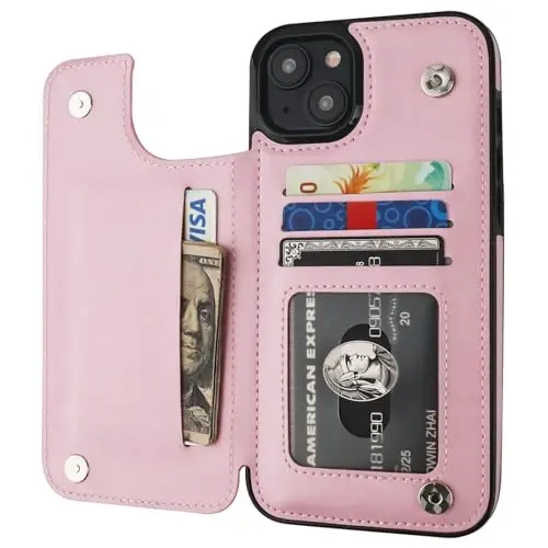 ONETOP Compatible with iPhone 15 Plus Wallet Case with Card Holder, PU Leather Kickstand Card Slots Case, Double Magnetic Clasp and Durable Shockproof Cover 6.7 Inch (Pink) - 1