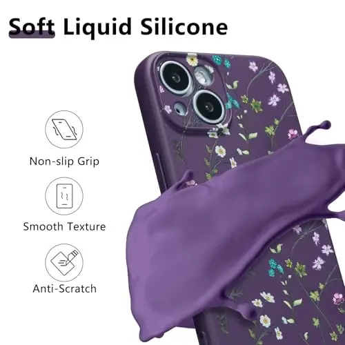 RALEAVO Floral Case for iPhone 15 Plus,Liquid Silicone Cover with Cute Flower Branch Pattern for Girls Women Slim Soft Rubber Protective Phone Case for iPhone 15 Plus (6.7