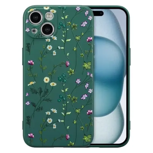 RALEAVO Floral Case for iPhone 15 Plus,Liquid Silicone Cover with Cute Flower Branch Pattern for Girls Women Slim Soft Rubber Protective Phone Case for iPhone 15 Plus (6.7